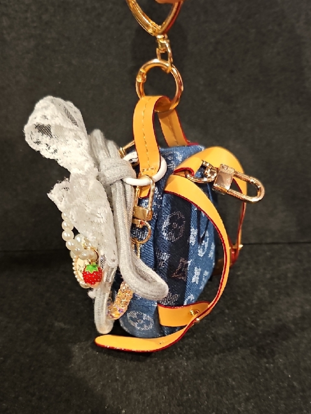 Soft Denim Mini Backpack Charm with Lace Bow & Pearls - Picture 6 of 8